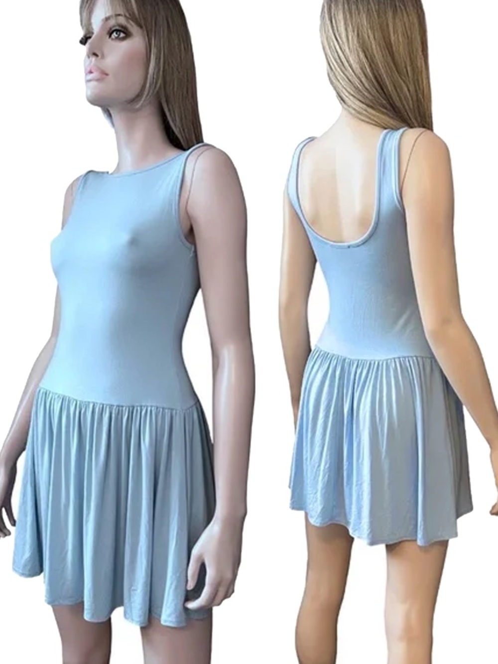 See You Monday Sky Blue Sleeveless Mini Dress Rayon Jersey Knit Dropped Skirt